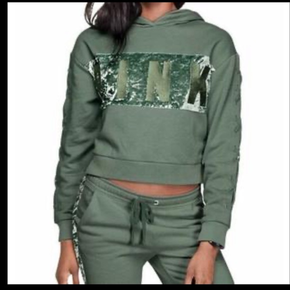 PINK Victoria's Secret Tops - PINK green cropped velvet hoodie